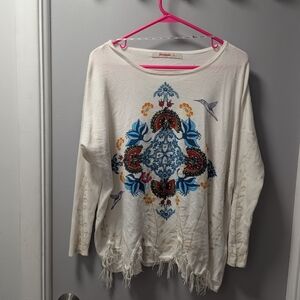 Desigual Women's Cream and Blue Patterned Long Sleeve Top